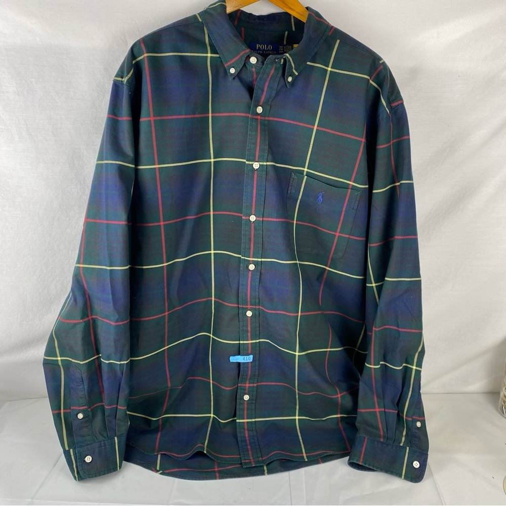 Ralph Lauren Men's Navy and Green Plaid Shirt